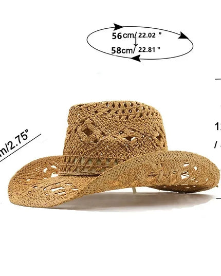 New Western Cowboy Hats for Women Men Classic Vintage Hollow Out Unisex Curled Wide Brim Sun Hat Fishing Hat Climbing Straw Cap