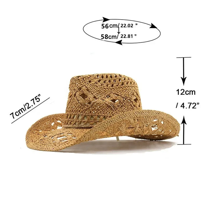 New Western Cowboy Hats for Women Men Classic Vintage Hollow Out Unisex Curled Wide Brim Sun Hat Fishing Hat Climbing Straw Cap