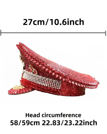 HongLuan Vintage Sparkle Red Captain Hat Rhinestone for Women,Burning Man Military Cap&Hats Luxury Woman