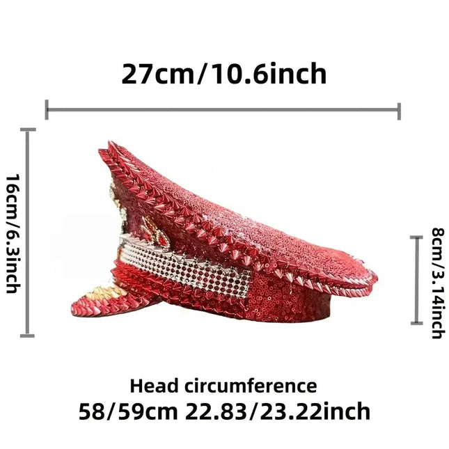 HongLuan Vintage Sparkle Red Captain Hat Rhinestone for Women,Burning Man Military Cap&Hats Luxury Woman