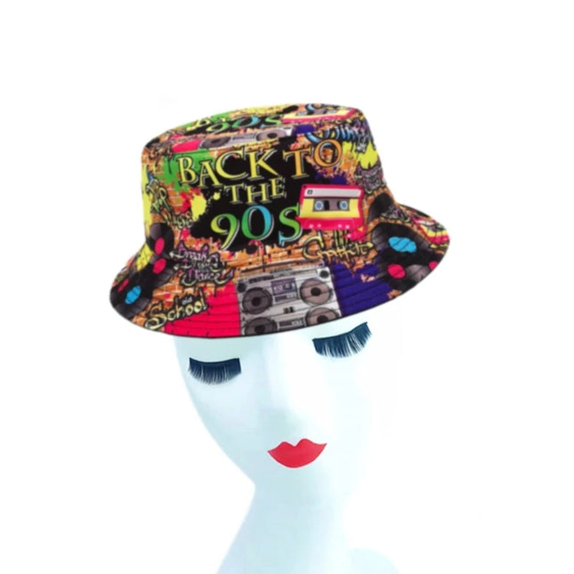 80s 90s Vintage Fishing Hat for Women Men Breathable Colorful Print Cap Sun Protective Hat Double-side Hiphop Bucket Hat