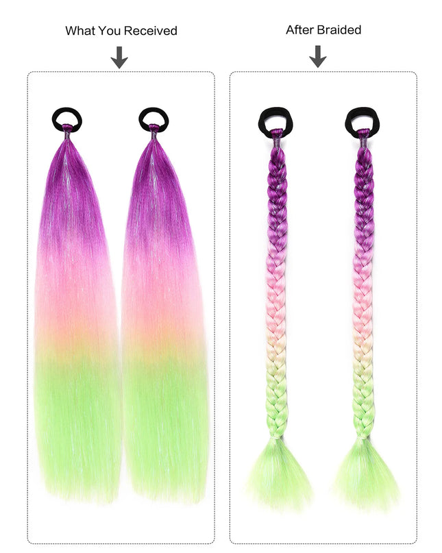 2pcs Synthetic Hair Extensions Ombre Braid Ponytail Blend Hair Tinsels with Hair Tie Crazy Hair Day Accessories For Women Girls