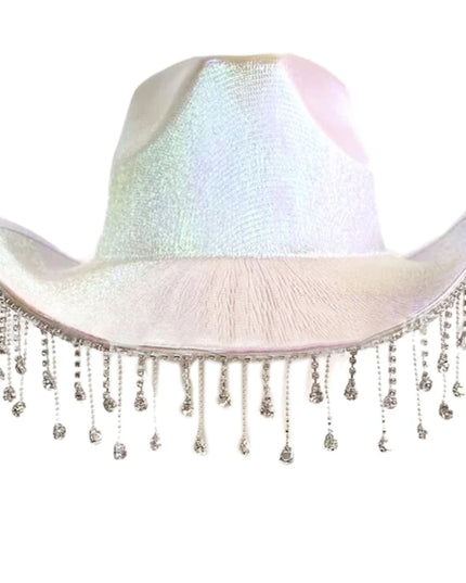 Rhinestones Tassels Hat for Women Teens Girl Breathable Wide Brim BeachSun Hat Music Festival Hat Bachelorette Party Cap