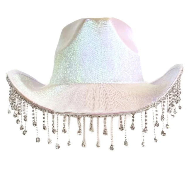 Rhinestones Tassels Hat for Women Teens Girl Breathable Wide Brim BeachSun Hat Music Festival Hat Bachelorette Party Cap