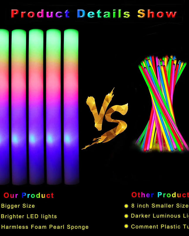 30Pcs Foam Glow Sticks with 3 Modes Colorful Led Flashing Glow Stick Glow in The Dark Party Supplies for Wedding Raves Concert