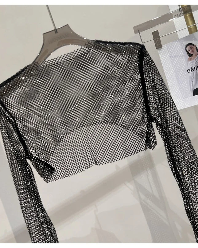 2023 new sexy bright diamond short top Slim thin Ms. hot drill long-sleeved T-shirt sexy leak waist nightclub