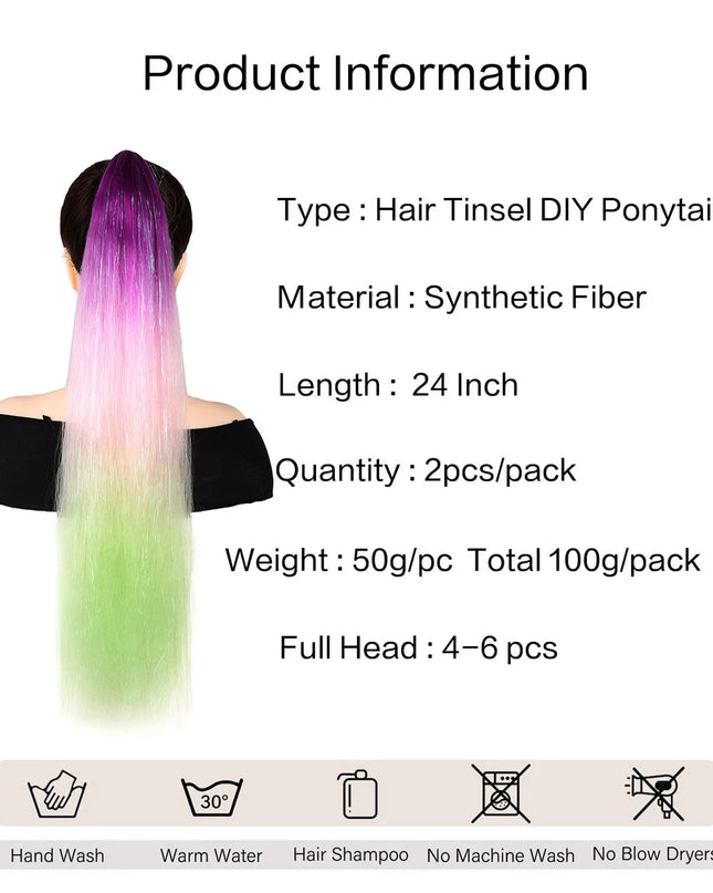 2pcs Synthetic Hair Extensions Ombre Braid Ponytail Blend Hair Tinsels with Hair Tie Crazy Hair Day Accessories For Women Girls