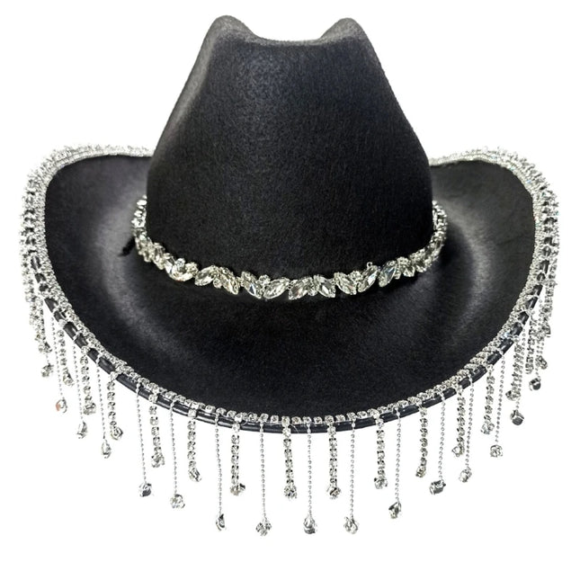 Rhinestones Tassels Hat for Women Teens Girl Breathable Wide Brim BeachSun Hat Music Festival Hat Bachelorette Party Cap