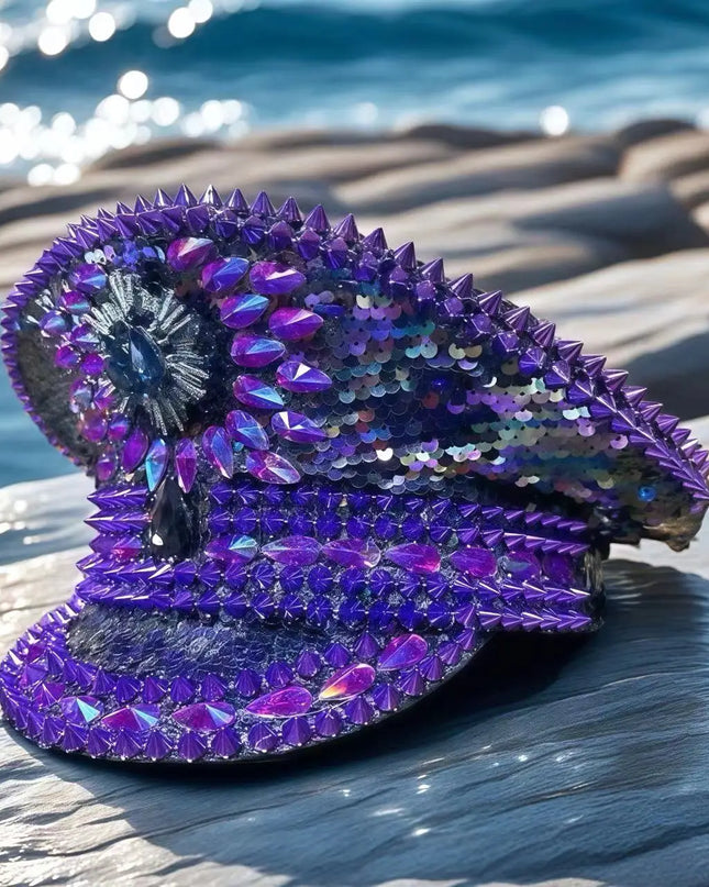 HongLuan Purple Bling Captain Hat Rhinestone for Woman | Steampunk Military Cap for Burning Man Music Festivals Accessories