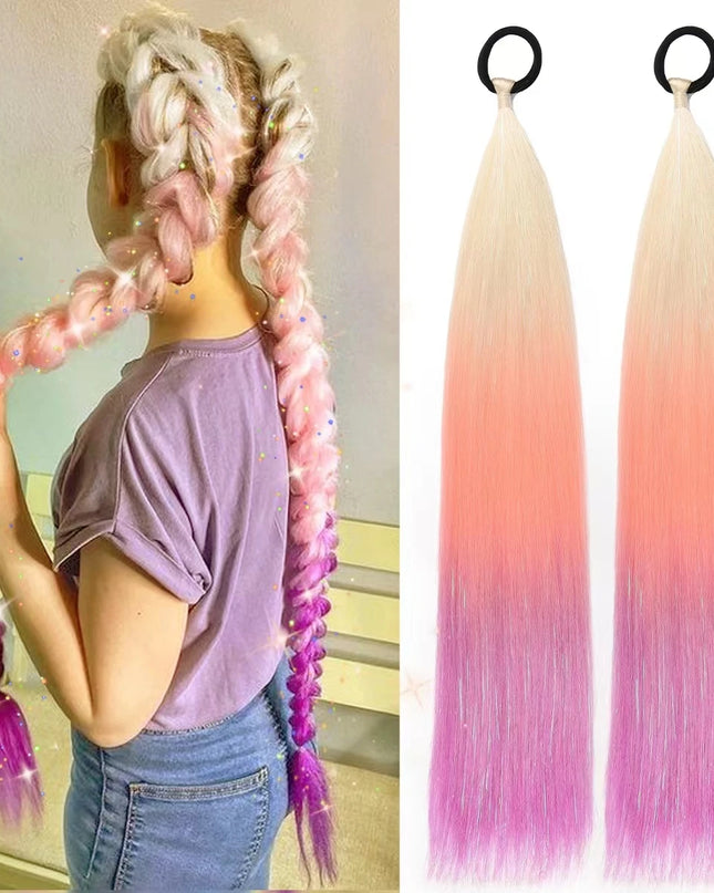 2pcs Synthetic Hair Extensions Ombre Braid Ponytail Blend Hair Tinsels with Hair Tie Crazy Hair Day Accessories For Women Girls
