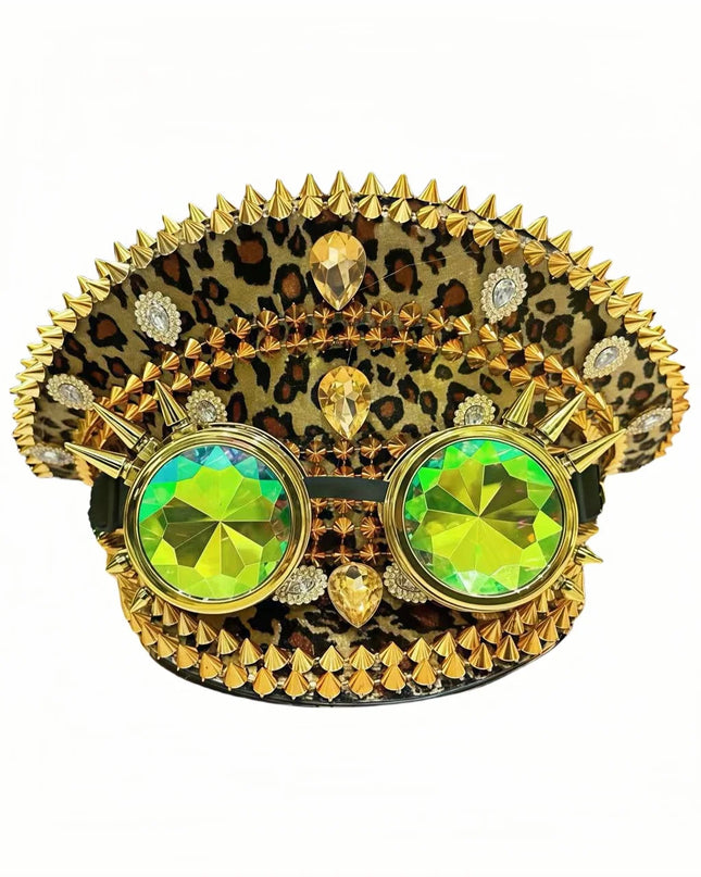 Leopard Print Steampunk Captain Hat Punk Goggles Gold Music Festival Masquerade Military Cap Costume Cosplay Accessor Unisex