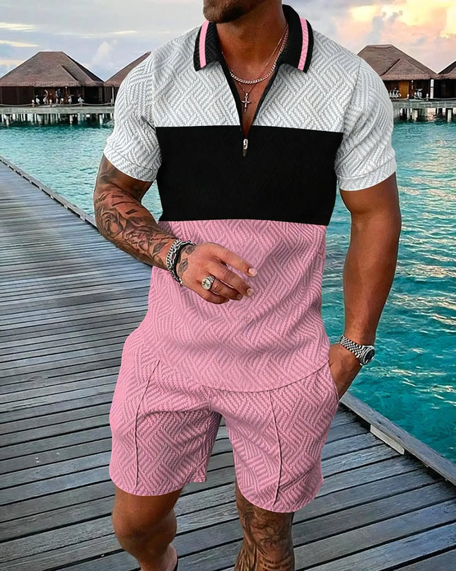 3D Digital Printed Men's 2 Piece Sets Polo Shirt+Shorts Streetwear Casual Short Sleeve Zipper Shirt Male Beach Trunks Men Outfit