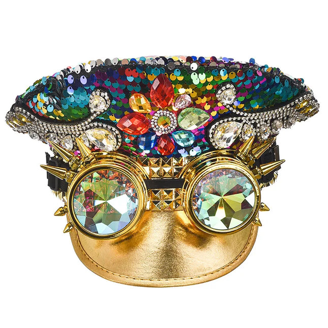 Corzzet Luxury Silver Sequined & Diamonds Club Party Rave Rock Cosplay Accessories Steampunk Military Hat Masquerade Costumes