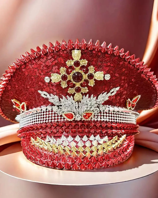 HongLuan Vintage Sparkle Red Captain Hat Rhinestone for Women,Burning Man Military Cap&Hats Luxury Woman