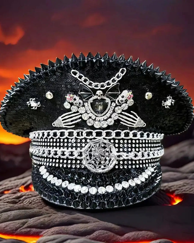 Burning Man Multi-style Black Halloween Steampunk with Chain Spider Web Skull Studded Cap Halloween Hat Hallloween decorations