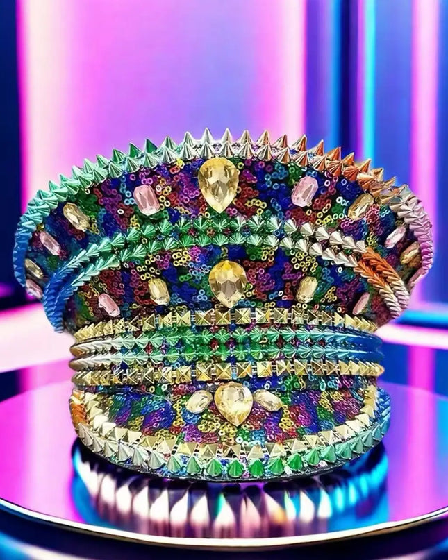 HongLuan Rainbow Bling Captain Hat Rhinestone Woman Sparkly Steampunk Military Caps for Burning Man Coachella Music Festival