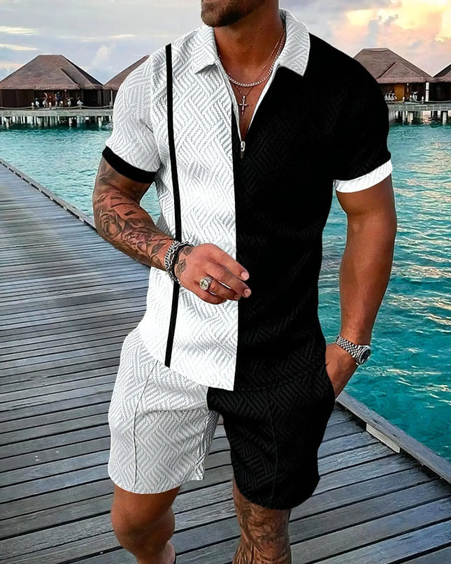 3D Digital Printed Men's 2 Piece Sets Polo Shirt+Shorts Streetwear Casual Short Sleeve Zipper Shirt Male Beach Trunks Men Outfit