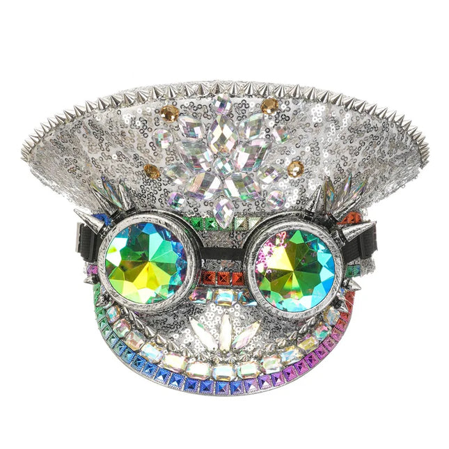 Corzzet Luxury Silver Sequined & Diamonds Club Party Rave Rock Cosplay Accessories Steampunk Military Hat Masquerade Costumes