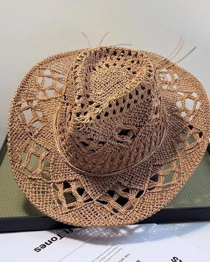 New Western Cowboy Hats for Women Men Classic Vintage Hollow Out Unisex Curled Wide Brim Sun Hat Fishing Hat Climbing Straw Cap