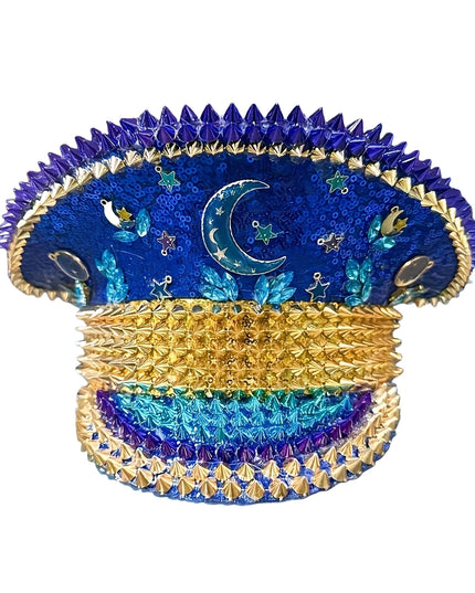 Ramadan Festival Captain Hat Moon Blue Gold Rivet Unisex Adult Military Cap Rhinestone Hen Do Hat Steampunk Masquerade Party