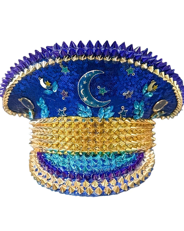 Ramadan Festival Captain Hat Moon Blue Gold Rivet Unisex Adult Military Cap Rhinestone Hen Do Hat Steampunk Masquerade Party