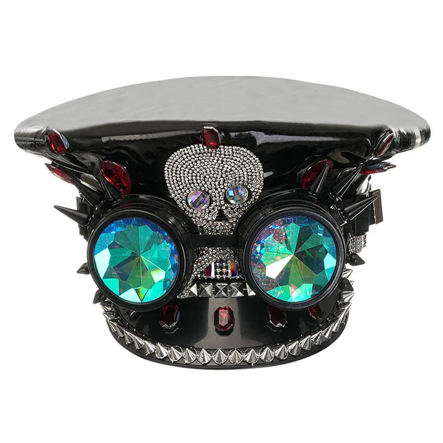 Corzzet Luxury Silver Sequined & Diamonds Club Party Rave Rock Cosplay Accessories Steampunk Military Hat Masquerade Costumes