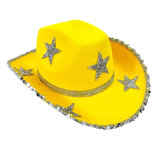 Women Rhinestone Star Cowgirl Hat Wide Brim Diamond Glitter Western Hat Cowgirl Cap for Wedding Music Costume Party