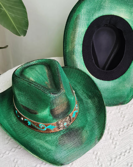 Hand-painted Western Cowboy hat Bronze green hat for men women Large Brim stiff straw hat summer sombrero vaquero hombreковбойс