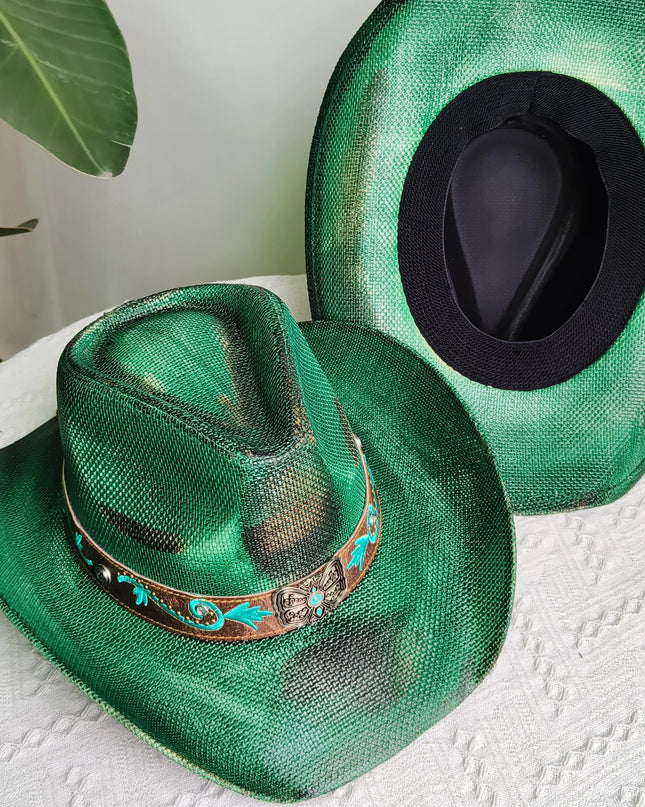 Hand-painted Western Cowboy hat Bronze green hat for men women Large Brim stiff straw hat summer sombrero vaquero hombreковбойс