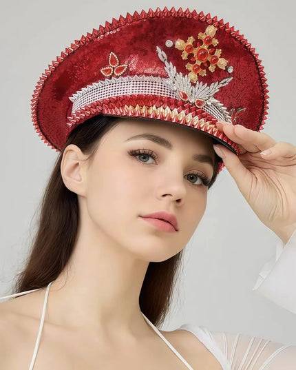 HongLuan Vintage Sparkle Red Captain Hat Rhinestone for Women,Burning Man Military Cap&Hats Luxury Woman