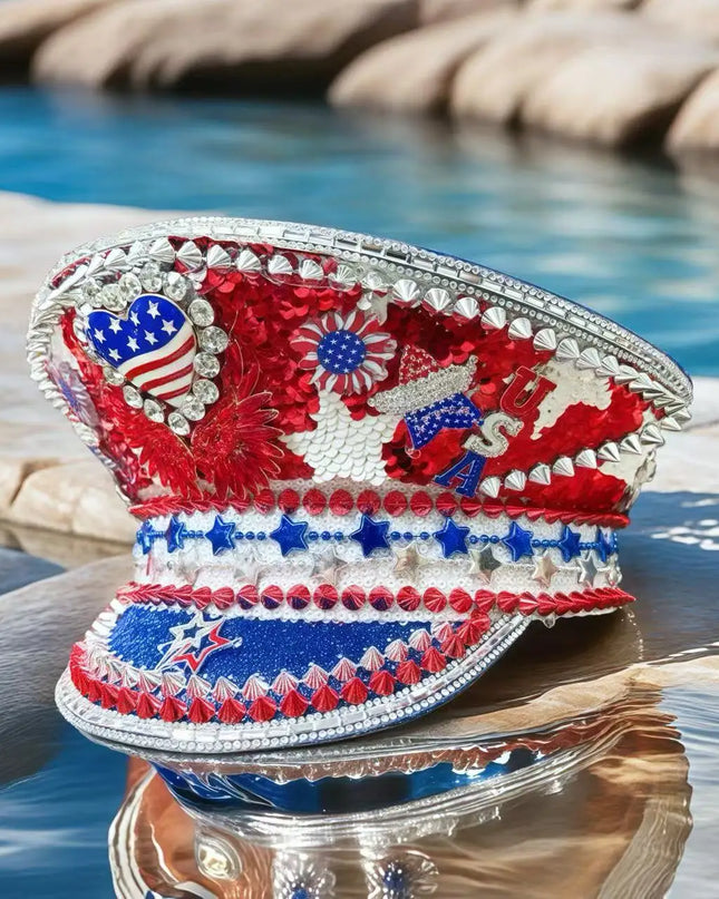 Festival Sequin Rhinestone Captain Hat | Steampunk Rave Accessories | Independence Day Cosplay Sparkling Party Hats for Women