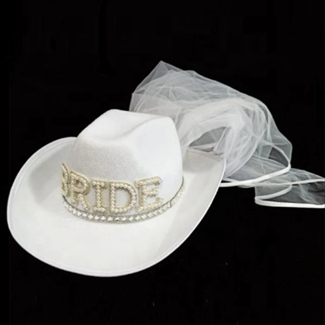 Bride Cowgirl Hat with Veil Novelty Cowboy Hat Summer Beach Hat Cowgirl Hat with Long Veil Western Fancy Dress Accessory