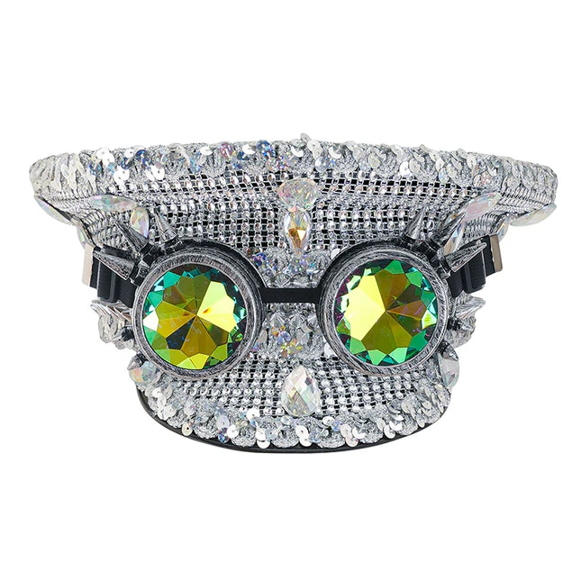 Corzzet Luxury Silver Sequined & Diamonds Club Party Rave Rock Cosplay Accessories Steampunk Military Hat Masquerade Costumes