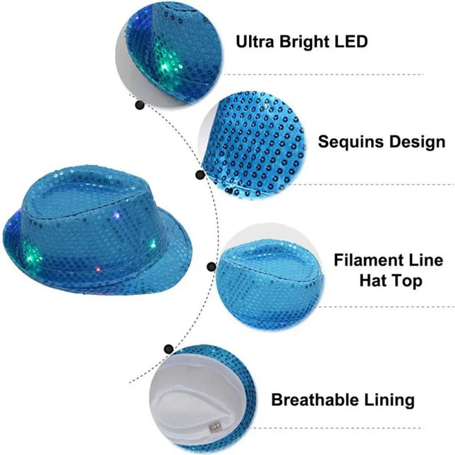 New Colorful Led Luminous Jazz Hat Party Carnival Light Up Sequin Hat Adult Glitter Festival Dress Up Cap For Men Women