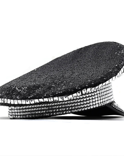 Luxury Rhinestone Women Wedding Bride Captain Hat Black Military Hat Sergeant Hat Hen Festival Birthday Part Hat