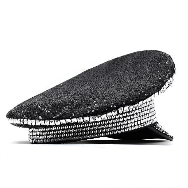 Luxury Rhinestone Women Wedding Bride Captain Hat Black Military Hat Sergeant Hat Hen Festival Birthday Part Hat