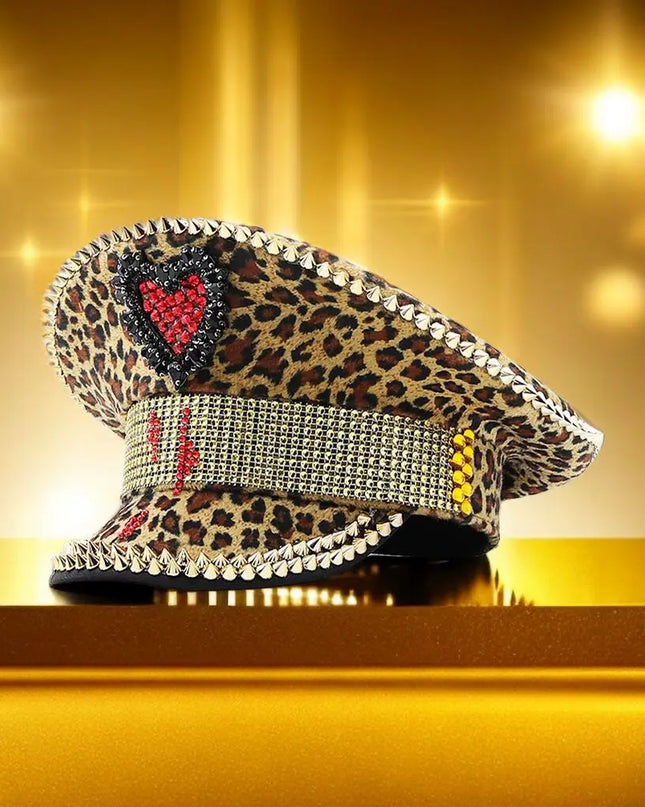 Luxury Rhinestone Women Leopard Military Hat Sergeant Bridal Hat Hen Do Hat Festival Steampunk Captain Birthday Part Hat