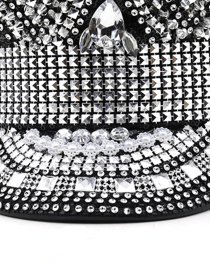 Luxury Rhinestone Women Wedding Bride Captain Hat Black Military Hat Sergeant Hat Hen Festival Birthday Part Hat
