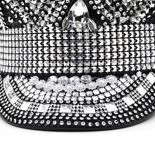 Luxury Rhinestone Women Wedding Bride Captain Hat Black Military Hat Sergeant Hat Hen Festival Birthday Part Hat