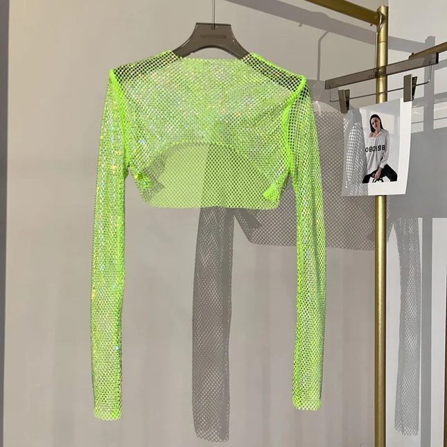2023 new sexy bright diamond short top Slim thin Ms. hot drill long-sleeved T-shirt sexy leak waist nightclub