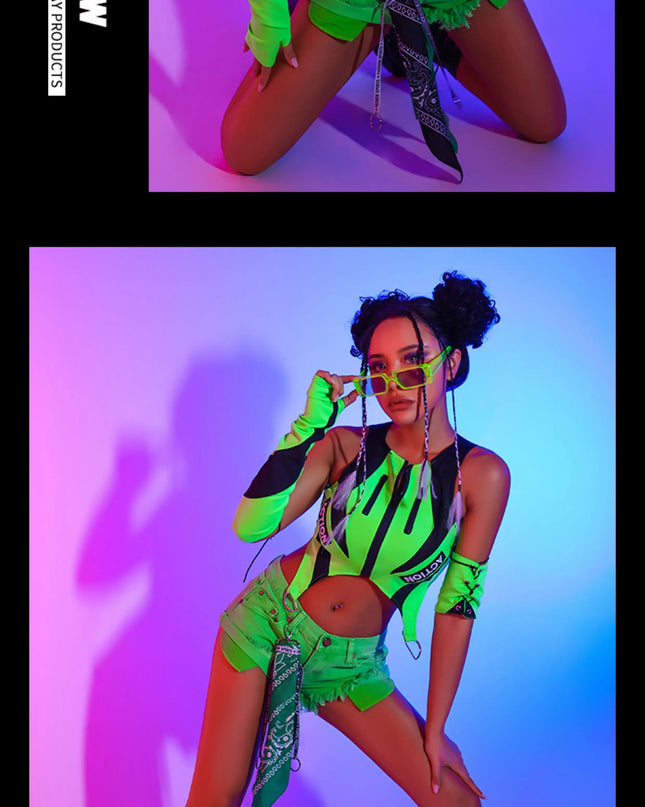 2023 New Fluorescent Green Tops Black Shorts Kpop Outfits For Girls Group Jazz Dance Costumes Pole Dance Rave Clothes