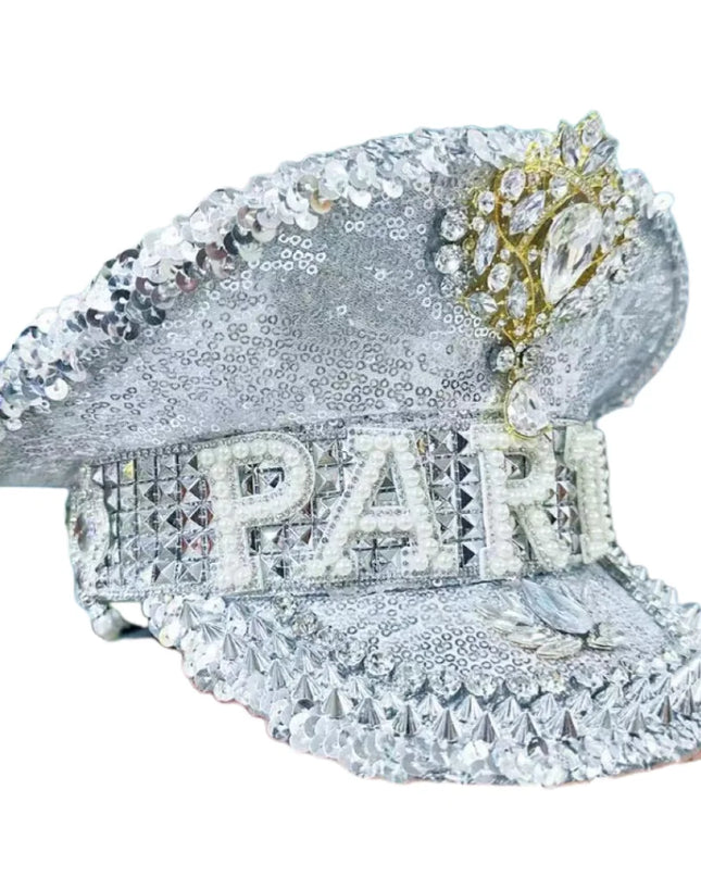 Silver Festival Captain Hat PARTY Unisex Adult Military Cap Sergeant Hat Bride Punk Masquerade Headwear Music Festival Cosplay