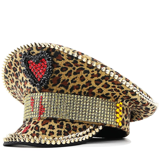 Luxury Rhinestone Women Leopard Military Hat Sergeant Bridal Hat Hen Do Hat Festival Steampunk Captain Birthday Part Hat