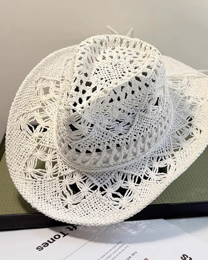 New Western Cowboy Hats for Women Men Classic Vintage Hollow Out Unisex Curled Wide Brim Sun Hat Fishing Hat Climbing Straw Cap