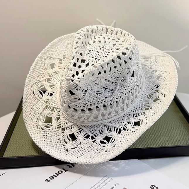 New Western Cowboy Hats for Women Men Classic Vintage Hollow Out Unisex Curled Wide Brim Sun Hat Fishing Hat Climbing Straw Cap