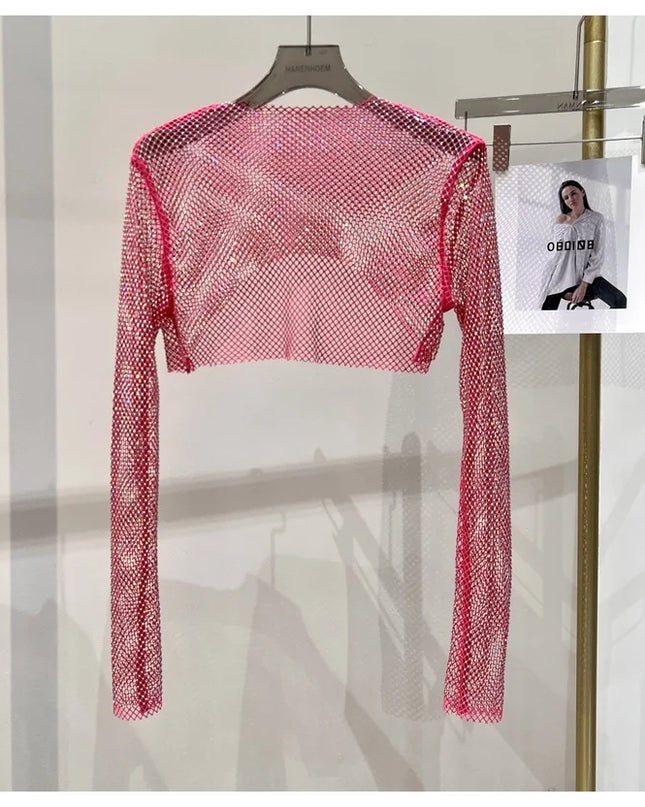 2023 new sexy bright diamond short top Slim thin Ms. hot drill long-sleeved T-shirt sexy leak waist nightclub
