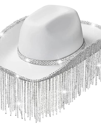 Rhinestones Tassels Hat for Women Teens Girl Breathable Wide Brim BeachSun Hat Music Festival Hat Bachelorette Party Cap