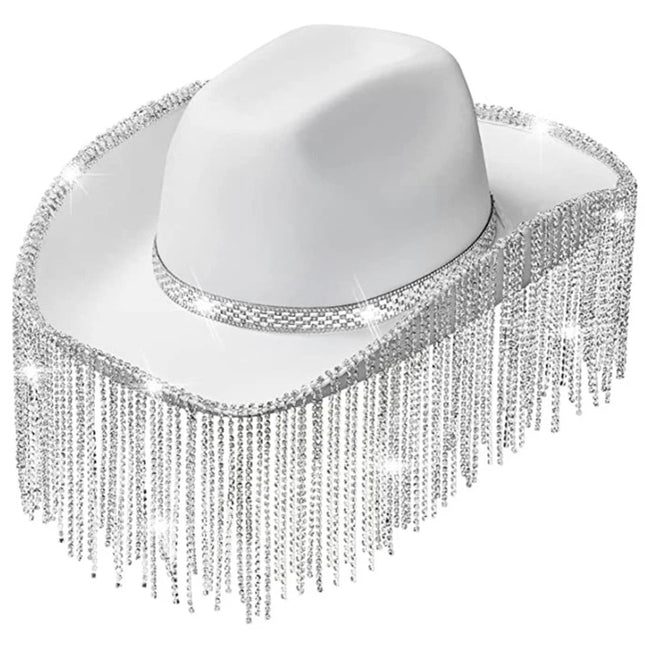 Rhinestones Tassels Hat for Women Teens Girl Breathable Wide Brim BeachSun Hat Music Festival Hat Bachelorette Party Cap