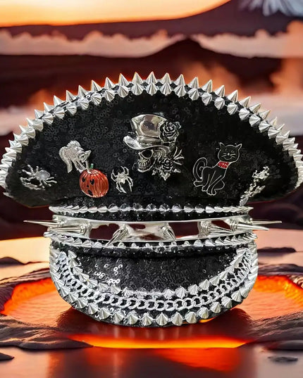 Burning Man Multi-style Black Halloween Steampunk with Chain Spider Web Skull Studded Cap Halloween Hat Hallloween decorations