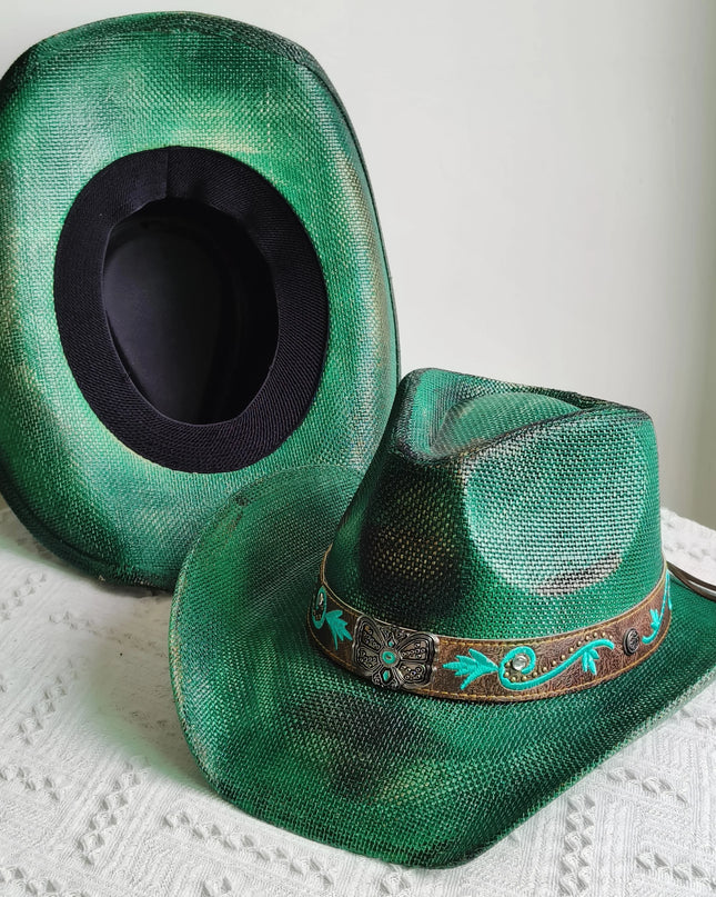 Hand-painted Western Cowboy hat Bronze green hat for men women Large Brim stiff straw hat summer sombrero vaquero hombreковбойс